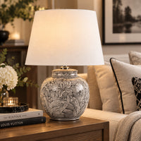 A really pretty, smaller lamp base with white fabric shade, perfect for bedside or on a side table in a sitting room. 