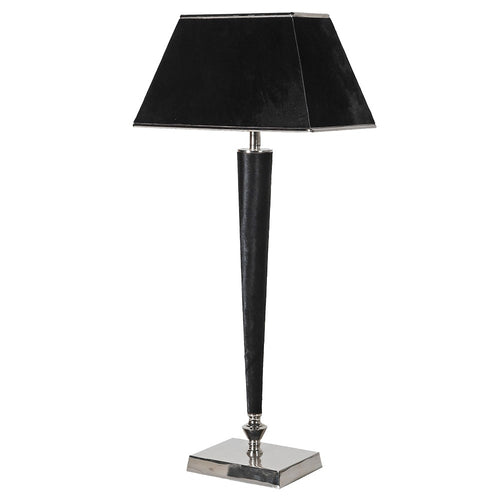  A stylist BBlack metal table lamp, tall with rectangular black shade, black metal column on a nickel base, great on a hall console or study desk.lack Nickel Table Lamp With Black Shade.