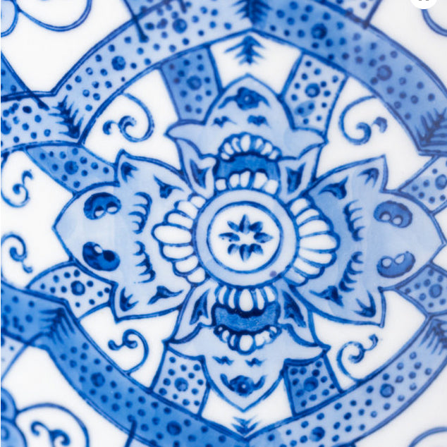 Blue and white ceramic lamp , showing detail of the colours and pattern. 