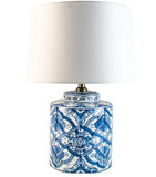Beautifully classic blue and white ceramic lamp base and white shade. A petite version of the larger lamps, so pretty in a bedroom.  H: 47 cm W: 35 cm