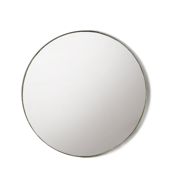 Large round champagne coloured mirror with slim frame, so much mirror and so narrow profile frame for maximum light.