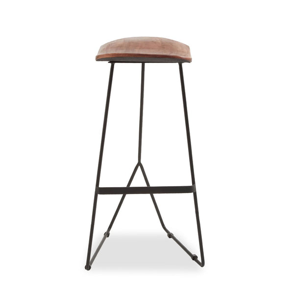 Distressed brown leather topped iron based bar stool, perfect for kitchen island eating or for your bar area. Practical urban seating that fits in with any decor.