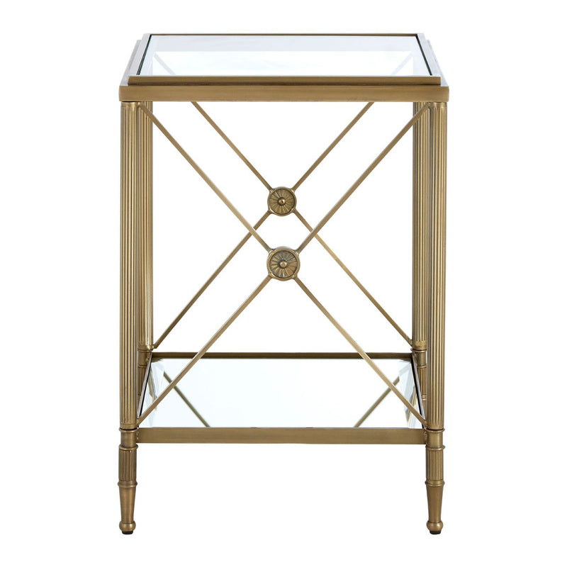 Empire style brushed brass metal and glass side table, classically simple, superb in place.