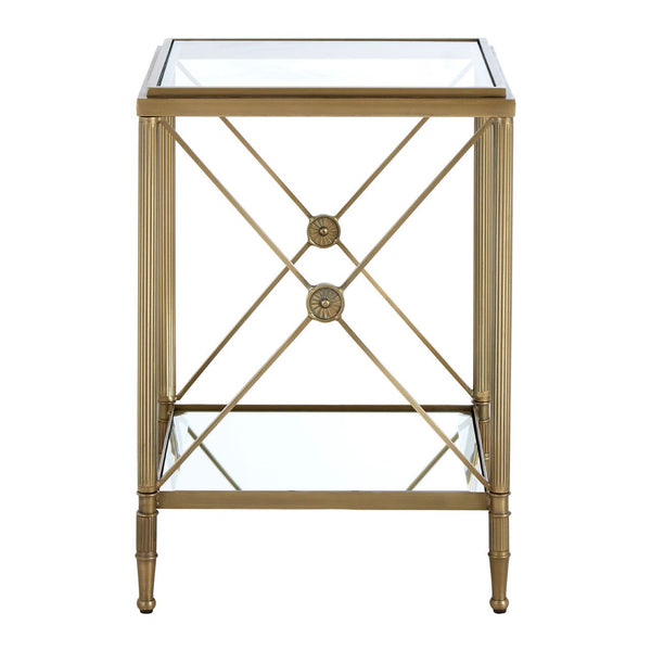 Empire style brushed brass metal and glass side table, classically simple, superb in place.