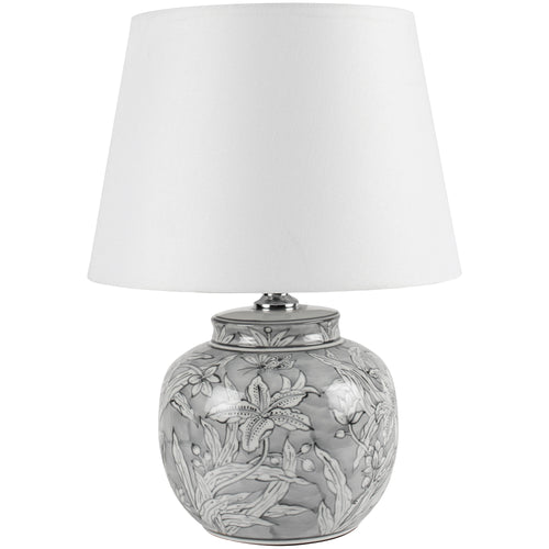 A really pretty, smaller lamp base with white fabric shade, perfect for bedside or on a side table in a sitting room. 