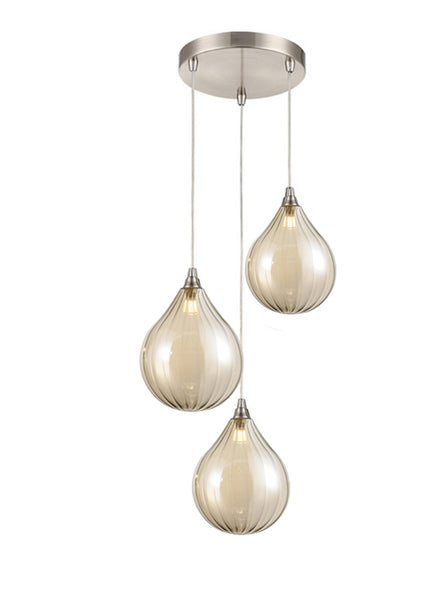 Nickel colour pendant with three teardrop glass sections available in a choice of coloured glass - clear, grey, amber, cream.