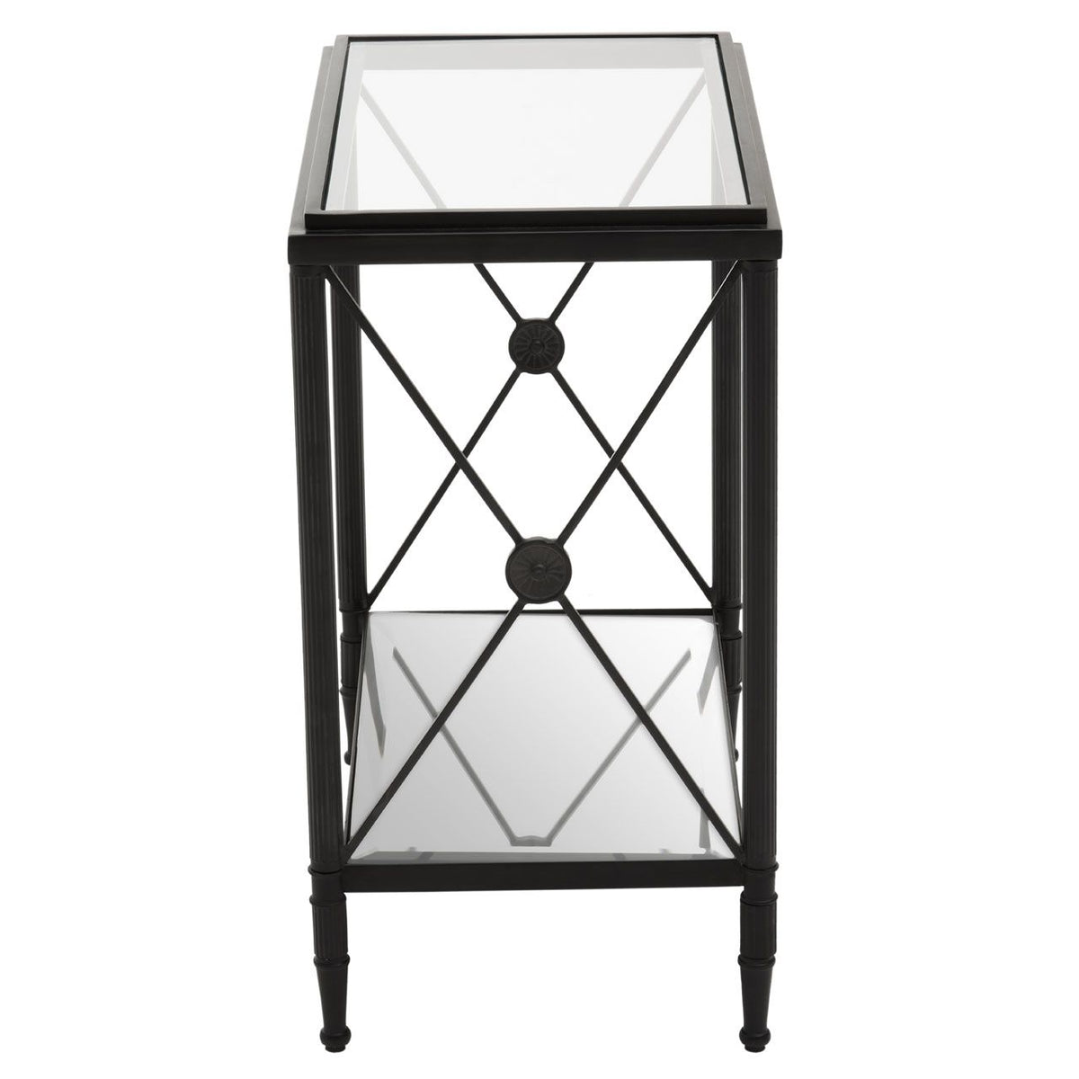 Classic Empire Style side table with glass top and mirrored lower shelf.&nbsp; This stunning side table would work really well in a contemporary setting, the black frame contrasting beautifully with the glass and mirrored shelves. The cross metal sides with central medallion adding a decorative element.


H: 65c m W: 39 cm D: 30 cm