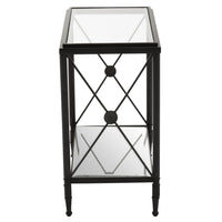 Classic Empire Style side table with glass top and mirrored lower shelf.&nbsp; This stunning side table would work really well in a contemporary setting, the black frame contrasting beautifully with the glass and mirrored shelves. The cross metal sides with central medallion adding a decorative element.


H: 65c m W: 39 cm D: 30 cm