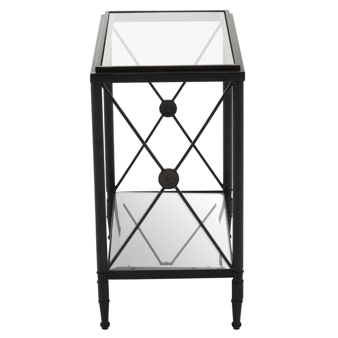 Classic Empire Style side table with glass top and mirrored lower shelf.&nbsp; This stunning side table would work really well in a contemporary setting, the black frame contrasting beautifully with the glass and mirrored shelves. The cross metal sides with central medallion adding a decorative element.


H: 65c m W: 39 cm D: 30 cm