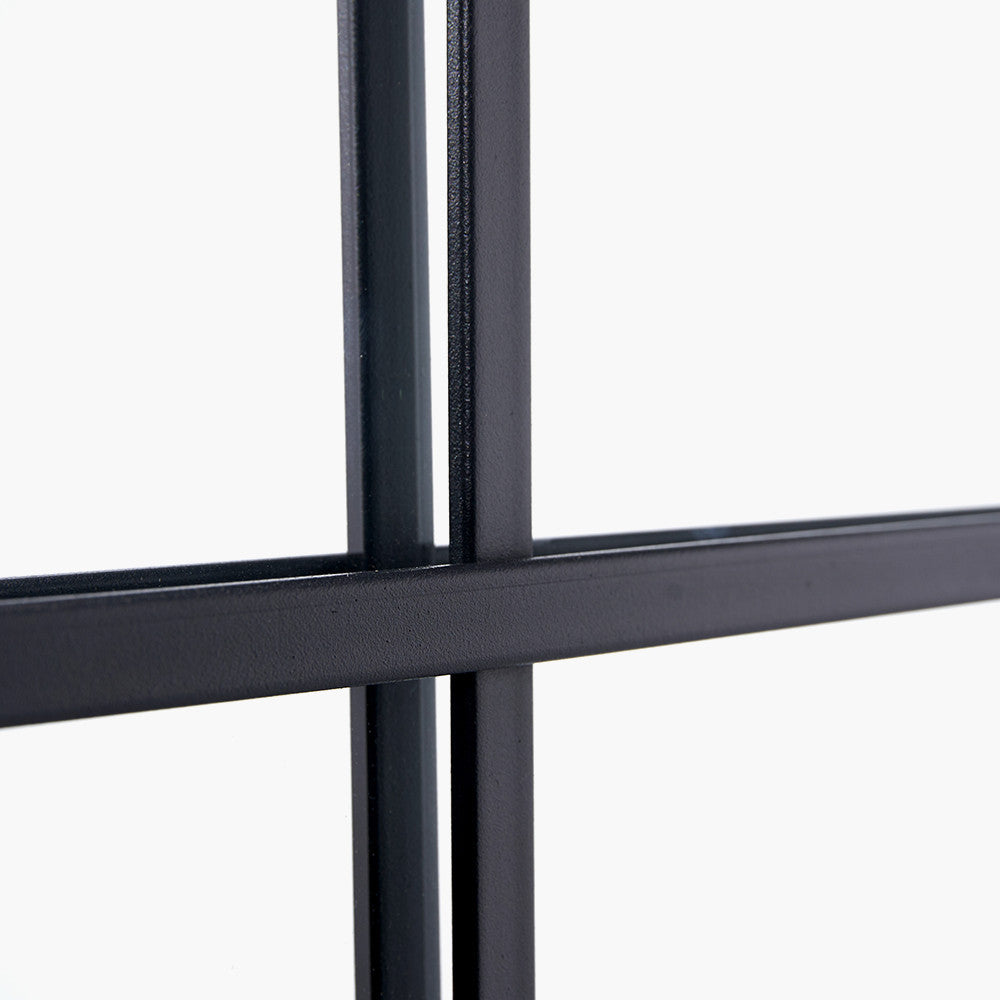 Exceptionally tall window mirror, black metal with 12 panes.  Suitable for indoor or outdoor use.  Detailed close up o mirror.