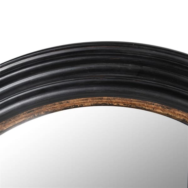 Detail of the deep ridged frame of the large black convex mirror on a white background.
