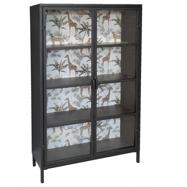 Tall black metal and glass display cabinet with a print on the interior. Great industrial look softened with a tropical jungle print on the interio