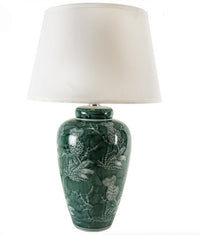 &nbsp;An unusual take on the classic blue and white, this stunning thistle patterned green and white lamp is so perfect with a large white shade. A particularly stunning colour a really vibrant green showing the thistle pattern,&nbsp; When illuminated through the pale coloured linen shade the light from the lamp will enhace the light in any room. Perfect on a console table behind a sofa or a hll. Check our website for a range of large ceramic lamps and shades.


H: 70 cm W: 43 cm 