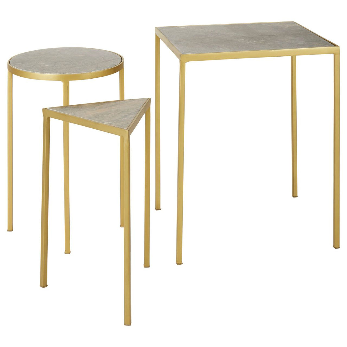 This unique nest of tables has 3 different  shaped marble tops. with gilt legs, not only useful but a unique statement in any room.