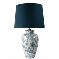  Tall, elegant ceramic lamp with a distinctive large blue lampshade. The base decorated with pale blue and white exotic birds on a neutral background.