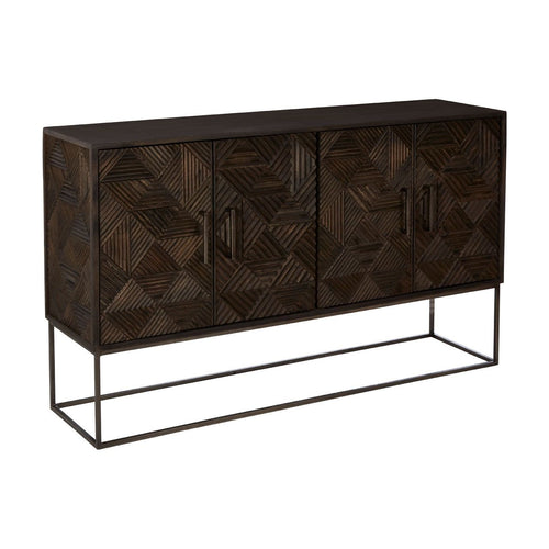 Stunning geometric designed dark wooden sideboard, on a black iron base with antique brass handles on the four doors.