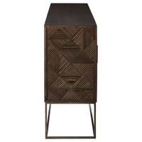 Stunning geometric designed dark wooden sideboard, on a black iron base with antique brass handles on the four doors.