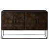 Stunning geometric designed dark wooden sideboard, on a black iron base with antique brass handles on the four doors.