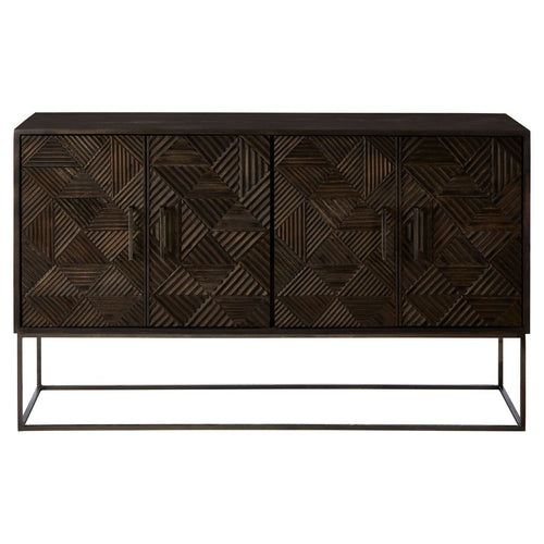 Stunning geometric designed dark wooden sideboard, on a black iron base with antique brass handles on the four doors.