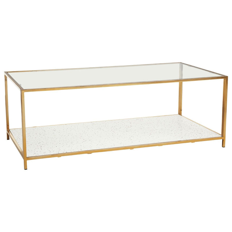 Totally classic, gilt metal and glass coffee table, the lower shelf is white glass with a terrazo design.