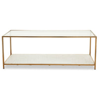 Totally classic, gilt metal and glass coffee table, the lower shelf is white glass with a terrazo design.