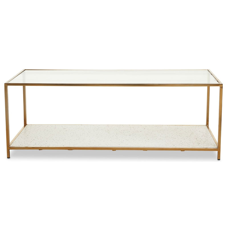 Totally classic, gilt metal and glass coffee table, the lower shelf is white glass with a terrazo design.