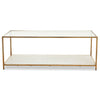 Totally classic, gilt metal and glass coffee table, the lower shelf is white glass with a terrazo design.