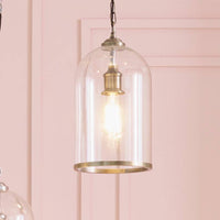 A glass pendant with Brass or Nickel rim at the Base and same colour ceiling rose. Perfect hall light, seen here hanging in a pink paneled room.