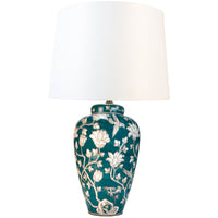 Tall green and white floral swirl ceramic base table lamp with white shade. Stunning floral green and white lamp with large ivory coloured white shade. Ceramic lamps are a staple of English country house decor but usually in a blue and white colour, this is different take on the theme in a striking deep green and white. You can find a wide range of these classic ceramic lamps and shades on our website, in many colours and sizes.&nbsp;