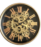  Moving cog clock, this is the smallest moving cog clock we do at 25 cm, small  but perfectly formed with gilt frame and gilt numerals.  In black with gold Roman numerals, this clock is a perfectly compact size for a kitchen or study wall. 