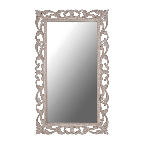 Tall extremely ornately carved limewashed mirror, Perfect faded elegance in your town or country home.