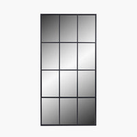 Exceptionally tall window mirror, black metal with 12 panes.  Suitable for indoor or outdoor use, set against a white background.