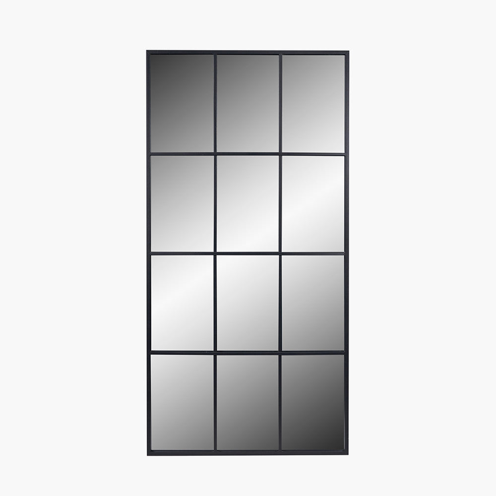Exceptionally tall window mirror, black metal with 12 panes.  Suitable for indoor or outdoor use, set against a white background.