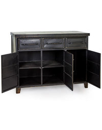 A black industrial-style metal chest of drawers featuring multiple storage compartments, aged bronze-effect trim and tubular metal handles, designed with a vintage factory aesthetic suitable for contemporary and loft-style interiors - showing the details of chest when open.