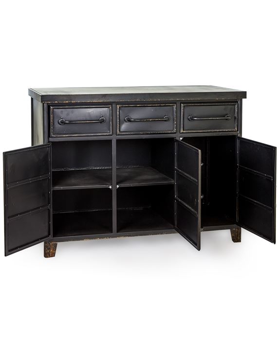 A black industrial-style metal chest of drawers featuring multiple storage compartments, aged bronze-effect trim and tubular metal handles, designed with a vintage factory aesthetic suitable for contemporary and loft-style interiors - showing the details of chest when open.