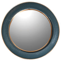 Circular mirror with a teal metal frame and gold circle inset. This amazing mirror is such an unusual colour but teams beautifully with any interior.