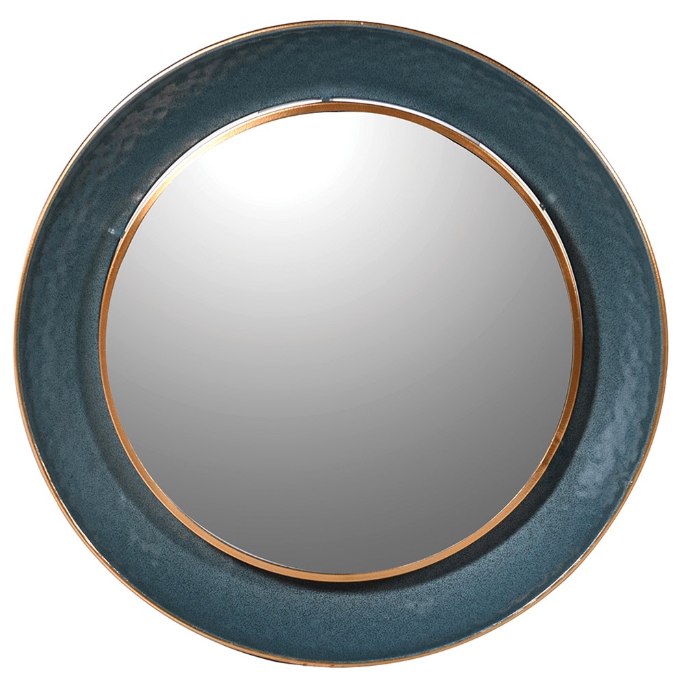 Circular mirror with a teal metal frame and gold circle inset. This amazing mirror is such an unusual colour but teams beautifully with any interior.