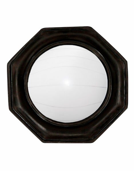 Design an interesting assortment of mini convex mirrors available in different sizes and shapes to create a stylized feature wall. This is a "fish eye" convex mirror encased in a deep framed black octagonal surround.  H: 25 cm W: 25 cm D: 4cm