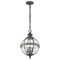 Outdoor black globe pendant light with clear seeded glass and classic lantern-style metal frame, IP44 rated for elegant exterior lighting.