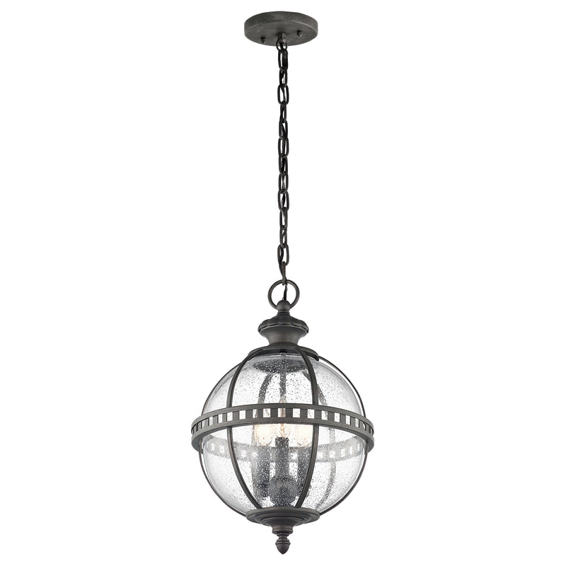 Outdoor black globe pendant light with clear seeded glass and classic lantern-style metal frame, IP44 rated for elegant exterior lighting.