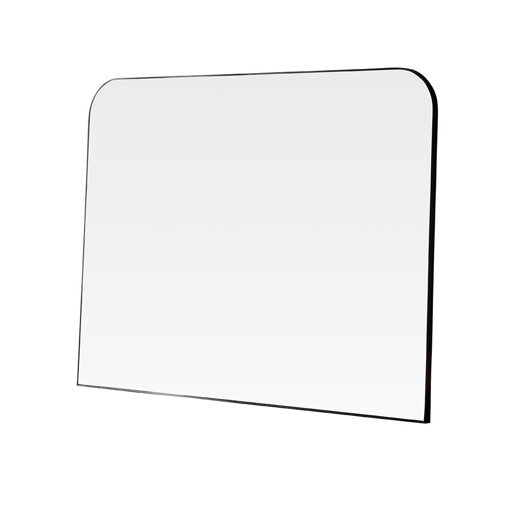Wide overmantle wall mirror with a slim black frame, rectangular shape and softly rounded upper corners