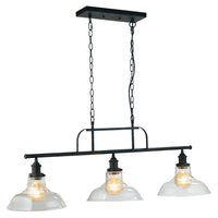 Three glass light pendant on bar, snooker table light, kitchen island or dining table light o white background.