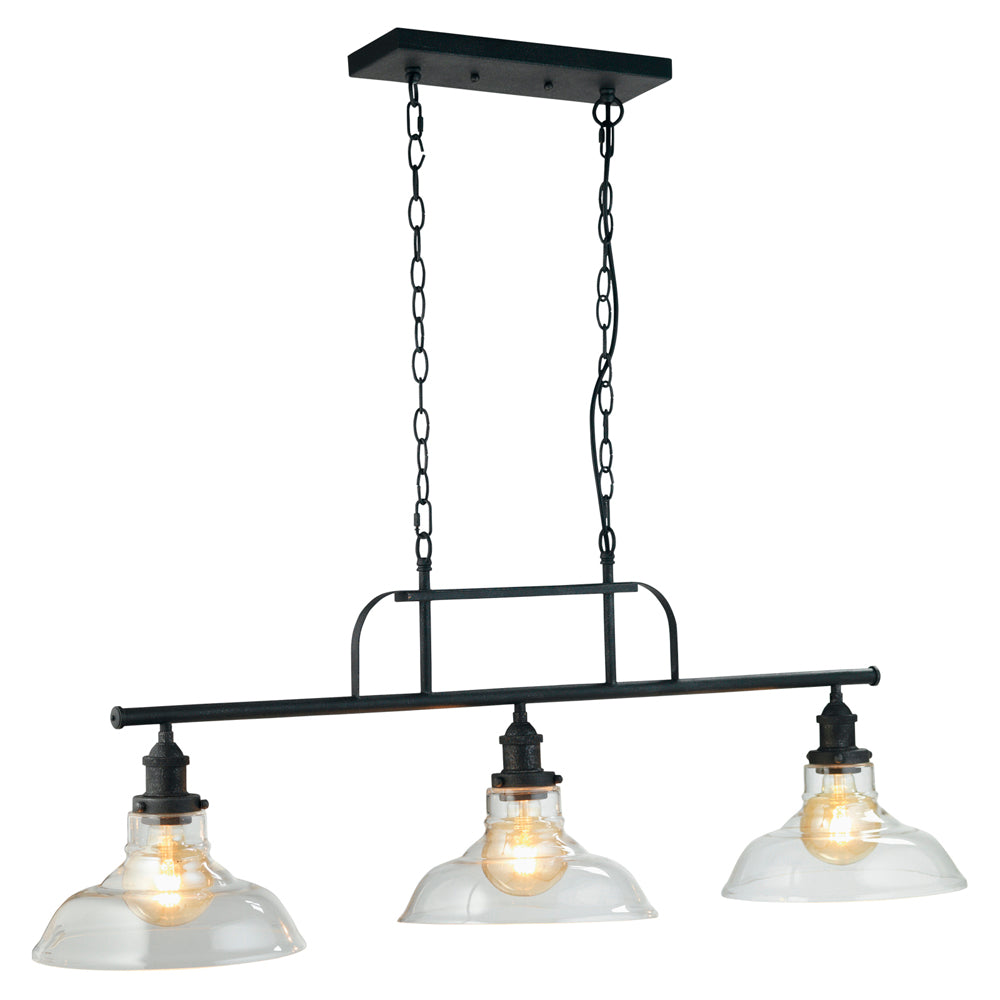 Three glass light pendant on bar, snooker table light, kitchen island or dining table light o white background.