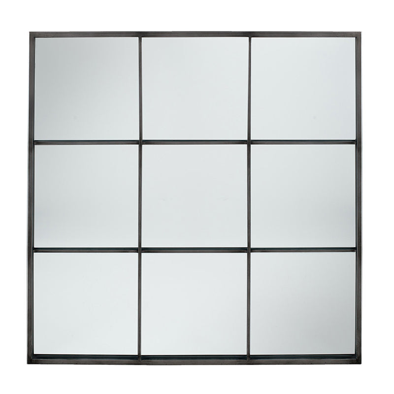 Plain glass 9 pane square window mirror framed in a dark grey metal