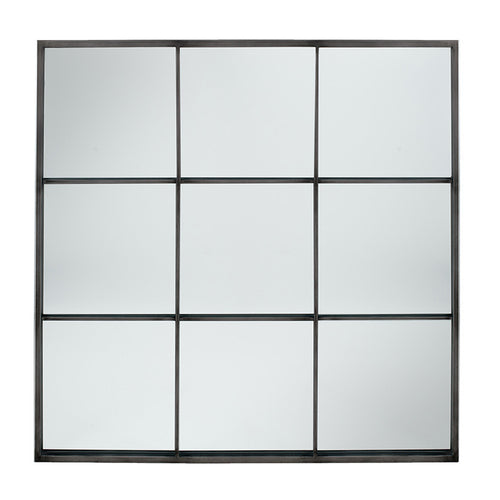 Plain glass 9 pane square window mirror framed in a dark grey metal