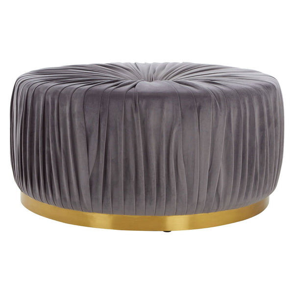 Large, ruched velvet fabric coffee table stool on a brushed gold plinth.
