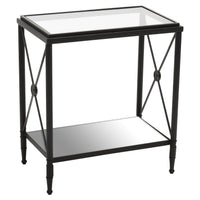 Classic Empire Style side table with glass top and mirrored lower shelf.&nbsp; This stunning side table would work really well in a contemporary setting, the black frame contrasting beautifully with the glass and mirrored shelves. The cross metal sides with central medallion adding a decorative element.


H: 65c m W: 39 cm D: 30 cm