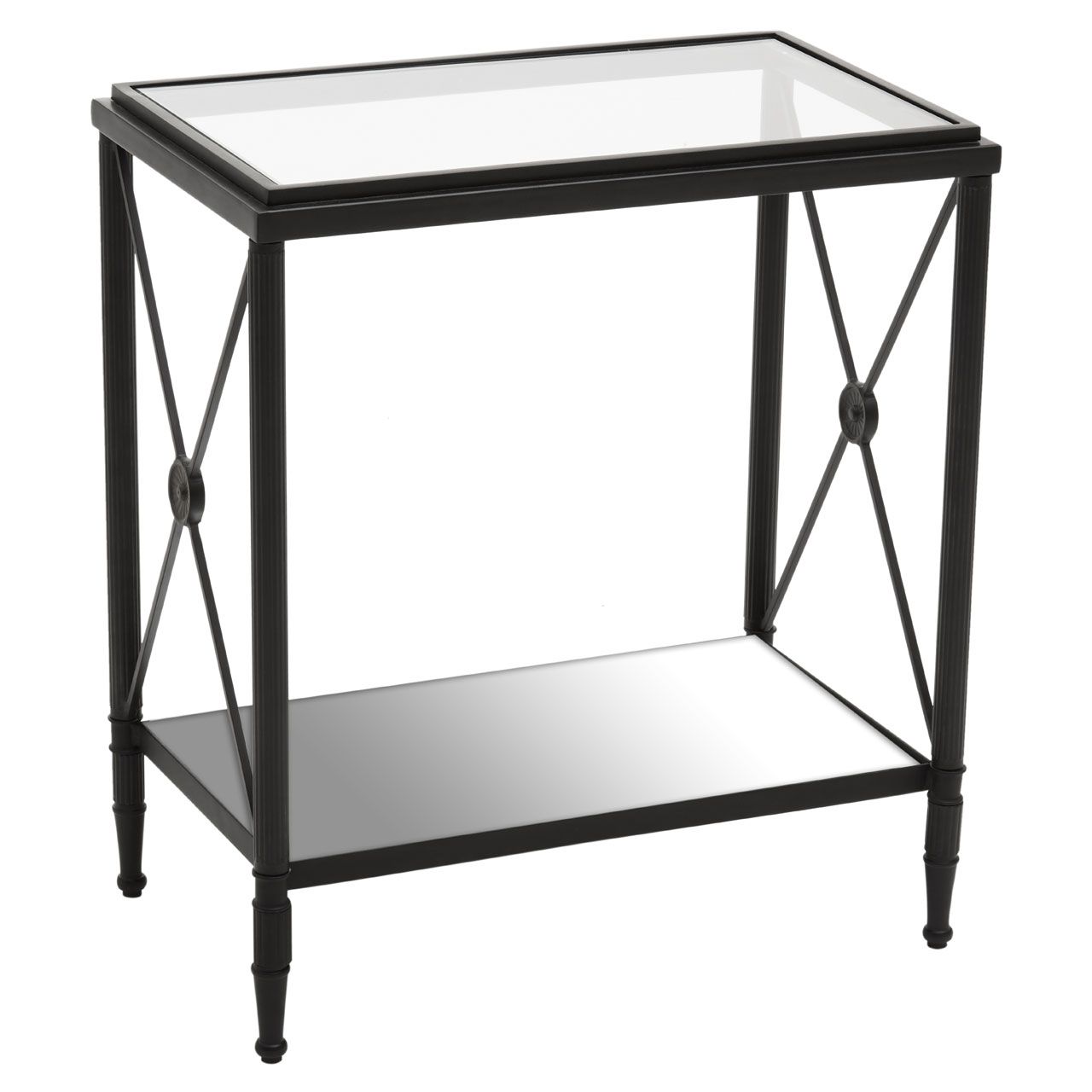 Classic Empire Style side table with glass top and mirrored lower shelf.&nbsp; This stunning side table would work really well in a contemporary setting, the black frame contrasting beautifully with the glass and mirrored shelves. The cross metal sides with central medallion adding a decorative element.


H: 65c m W: 39 cm D: 30 cm