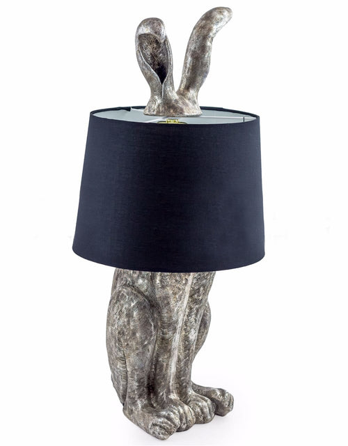 Silver rabbit style table lamp with black shade, a quirky, fu8n stylish lamp, superb gift for animal lovers.