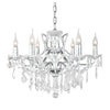 Six-arm brushed silver chandelier with crystal droplets and shallow basket design, suitable for low ceilings.